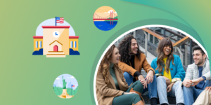 A group of international students sitting on a flight of stairs, framed by illustrations of a university building, the Golden Gate Bridge, and the Statue of Liberty
