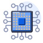 A blue microchip with silver connectors spiraling out from all sides.