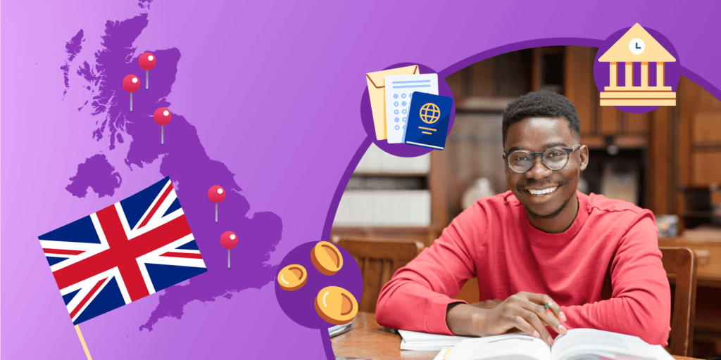 A purple banner with a stylized map of the United Kingdom covered in pins, representing the institutions with TEF results in 2023, next to a photo of a smiling student in red.