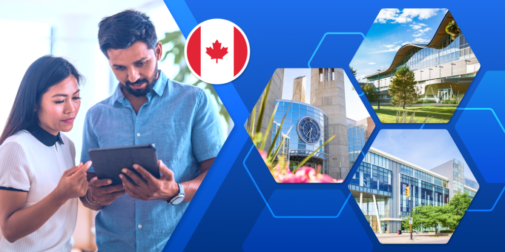 Two students look at a tablet, framed by pictures of three Canadian U15 Group universities.