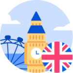 A stylized illustration of the United Kingdom, featuring Big Ben, the London Eye, and the Union Jack.