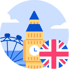 A stylized illustration of the United Kingdom, featuring Big Ben, the London Eye, and the Union Jack.