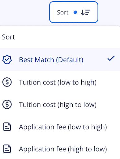 A screen capture of the ApplyBoard Student Search sort-category filter.