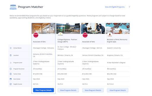 A screen capture of the ApplyBoard Program Matcher results page.