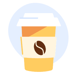 An illustration of a yellow coffee cup with a coffee bean in the middle of it.