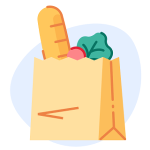 Illustration of groceries or food in a brown paper bag.