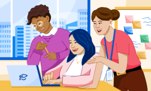 Illustration of three ApplyBoardians looking at a laptop .