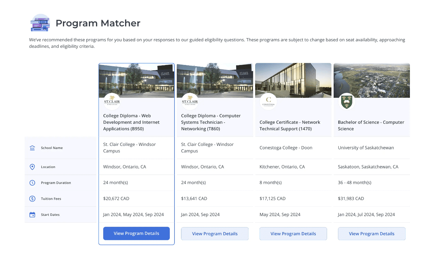 Program Matcher: After answering a series of questions, students get four specialized program recommendations that suit their unique requirements.