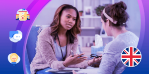 An illustration of a institution staff member speaking to a student, with spot illustrations of the United Kingdom flag, chat bubbles, schools, and awards alongside them.