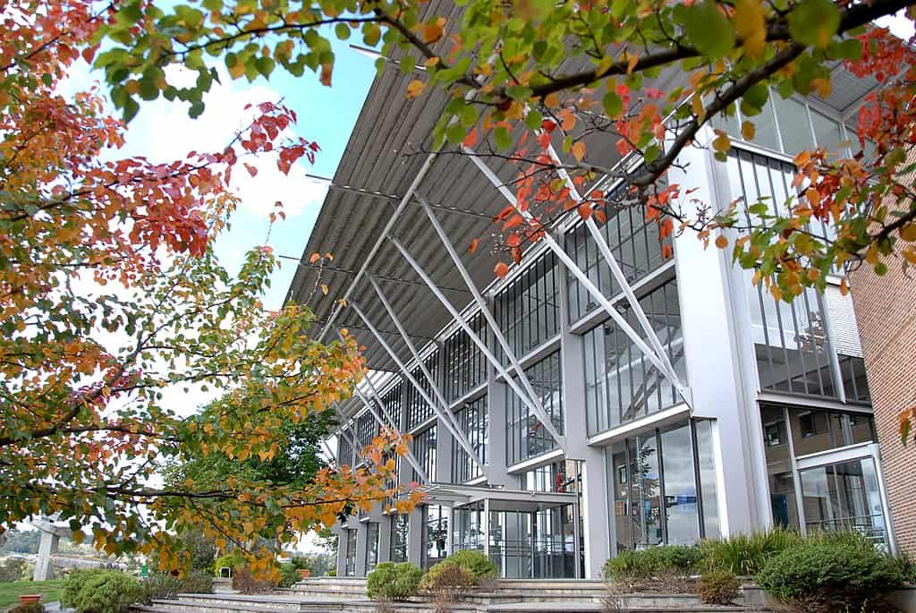 A tall glass building with a sloped roof is framed by red and green leaves on Swinburne's Lilydale Campus in Australia.