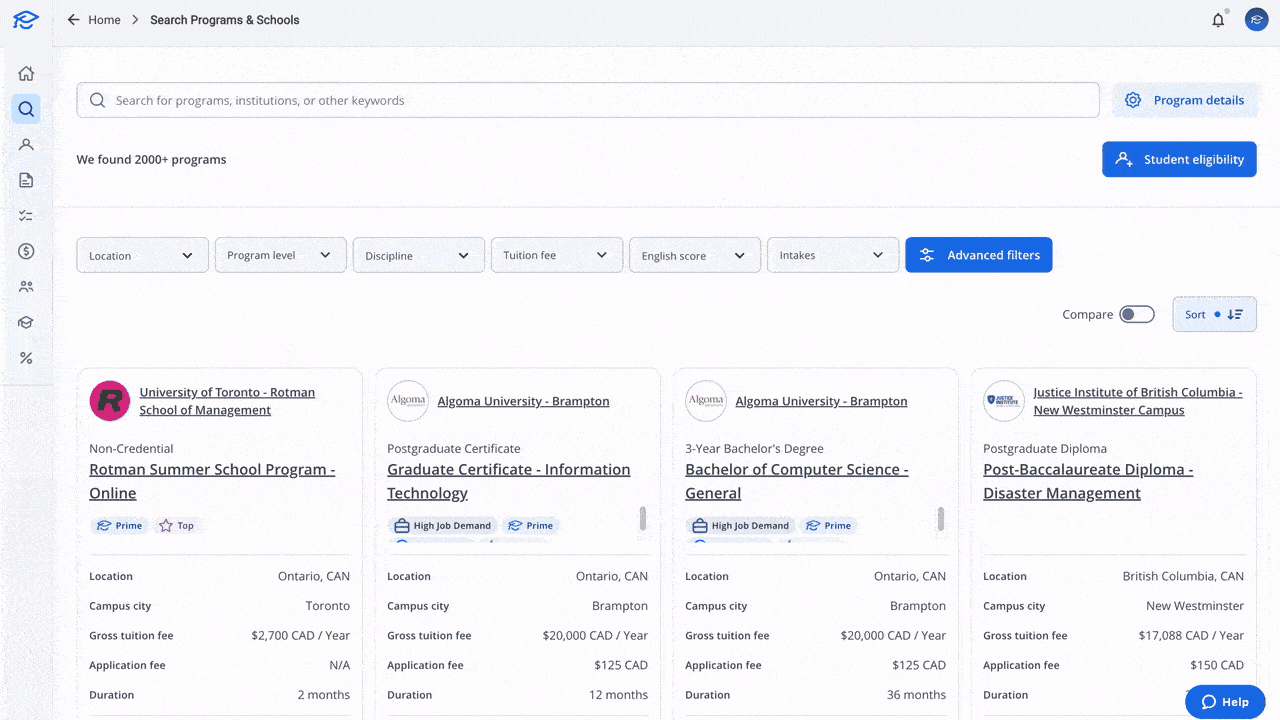 A GIF showing how new Program Tags work in the ApplyBoard platform search engine. 