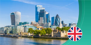 A photograph of the UK, with their flag on the bottom right.