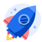 An illustration of a blue rocket ship taking off.