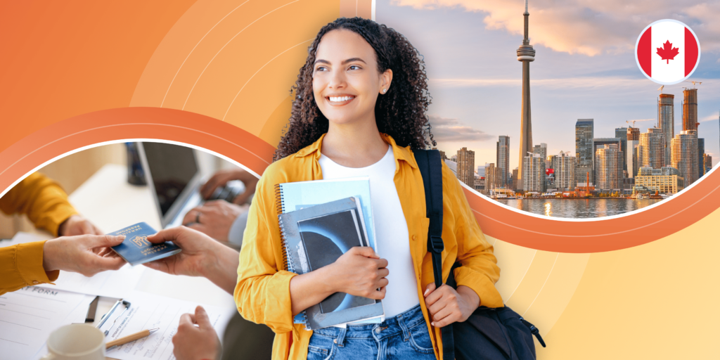 A female international student holding books and a bag is framed by student documents and the Toronto, Canada skyline, along with the Canadian flag.