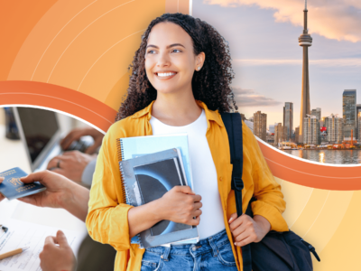 A female international student holding books and a bag is framed by student documents and the Toronto, Canada skyline, along with the Canadian flag.