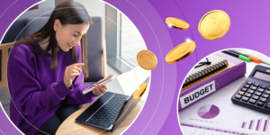 A picture of a student smiling at their smartphone, sitting in front of a laptop, next to a second image of a calculator and some budget sheets, with 3D illustrations of coins overtop of both