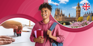 International student with a backpack holding books smiling in front of pictures of UK Parliament and someone stamping a visa form