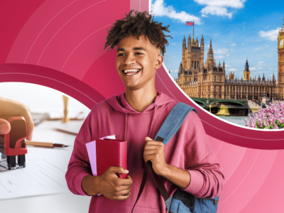 International student with a backpack holding books smiling in front of pictures of UK Parliament and someone stamping a visa form