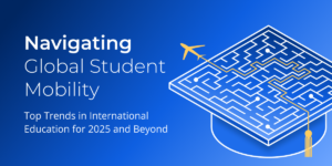 A graduation cap with a maze embedded on the top of it, with a yellow tassel and a cartoon plane taking off from the exit of the maze on a deep blue background, along with Trends Report 2025 wording.