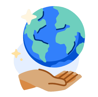 A cartoon globe hovers over an open hand, accented by a few white and yellow sparkles.