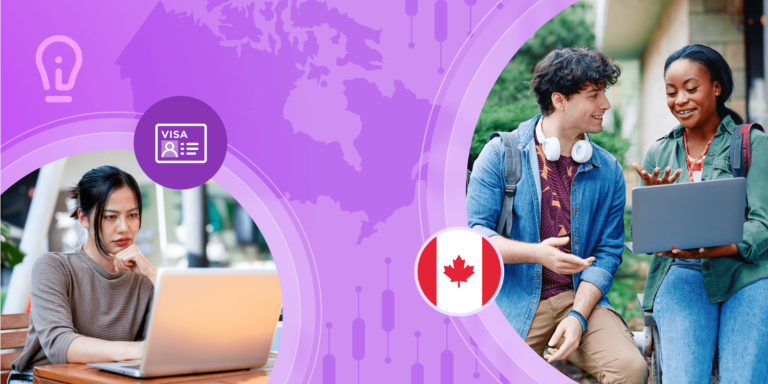 A blog banner image featuring a silhouetted map of Canada on a purple-pink background, along with two round images containing photos of international students on campus