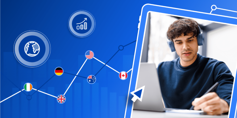 An international student wearing headphones writes on a pad of paper to the left of his laptop. He's framed by an illustrated background with the maps of Ireland, Germany, the UK, the US, Australia, and Canada as points on a line chart over a blue background.