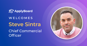 A headshot of Steve Sintra is framed by the ApplyBoard logo, his name, and his new CCO title on a blue and purple illustrated background.