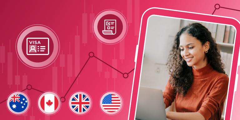 A young woman looks at a laptop in an office space. She is framed by a red illustrated background, and four illustrated flag logos: Australia, Canada, the UK, and the US.
