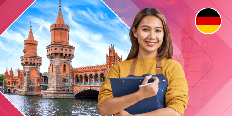A young woman wearing a yellow sweater and blue denim apron holds a clipboard and pencil. She's standing in front of a photograph of a German castle and an illustrated red background.