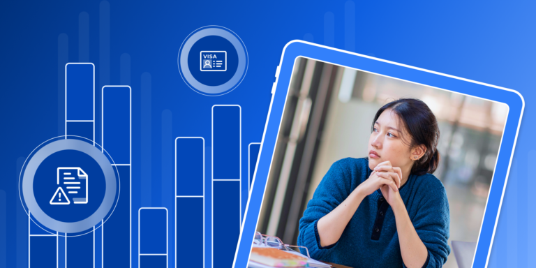 A young woman looks pensively off to her right. She is framed by a blue illustrated background with a bar chart and different icons in white.