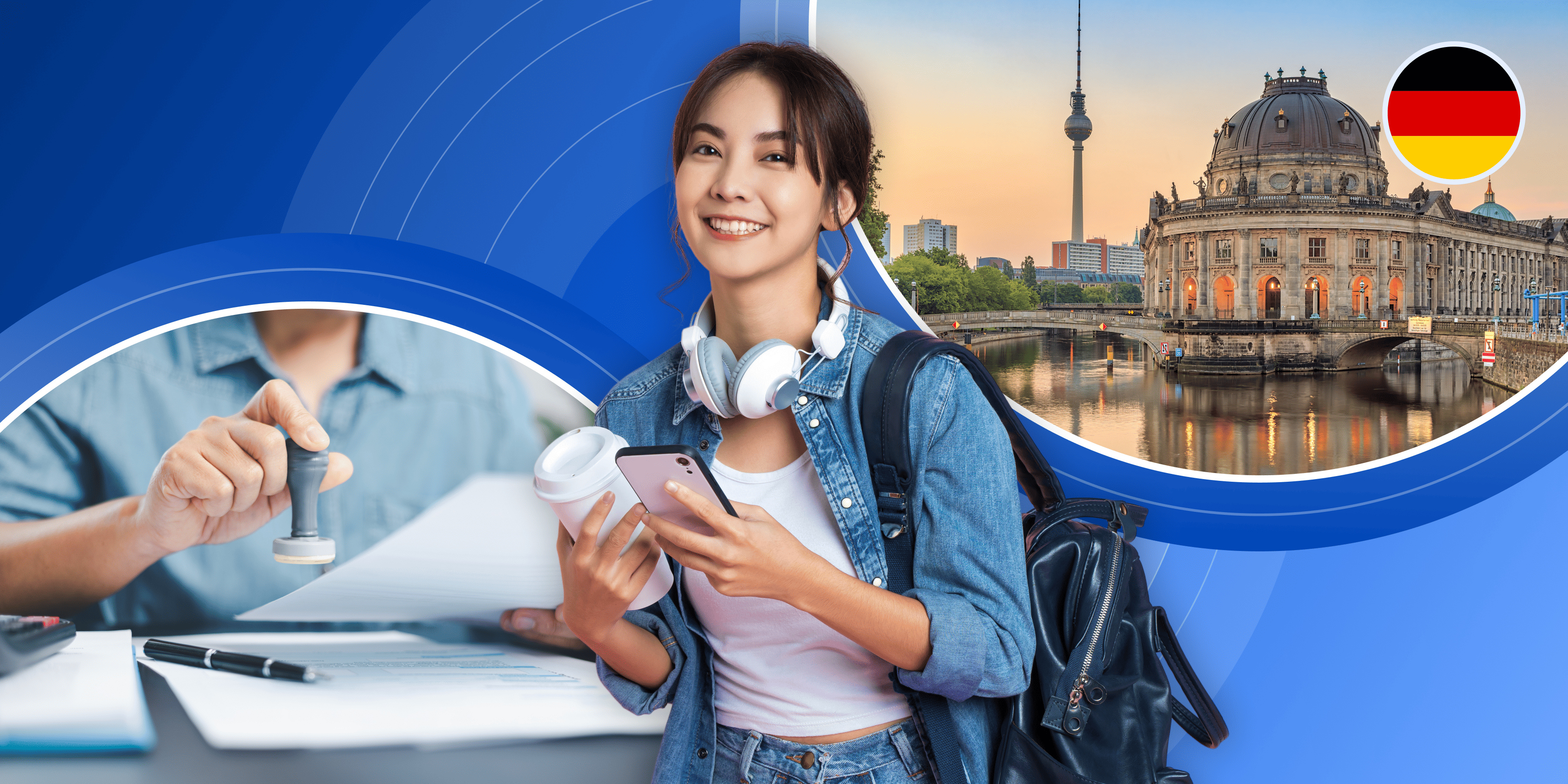 A female student wearing a jean jacket, headphones, and blue backpacks holds a coffee cup and cellphone in front of a blue background, with circular images of Berlin and a document being stamped