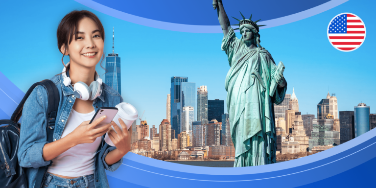 A picture of a female international student holding a coffee cup and phone while wearing a backpack, standing in front of a blue illustration banner that features a picture of New York and the Statue of Liberty