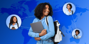 A world map in shades of blue behind photos of international students from around the world.