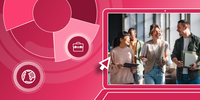 International students walk together on campus. They're framed by a red illustrated background with a globe icon and a briefcase icon.