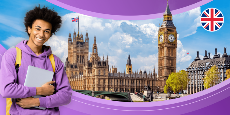 An international student stands in front of part of the London, UK skyline.