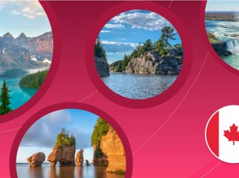 A variety of Canadian landscapes: the Rocky Mountains and a blue-green lake; Bay of Fundy sandstone rocks at low tide, Niagara Falls, and a rocky lakeside