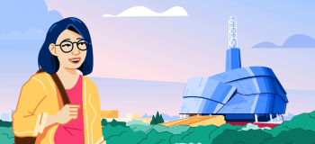 A student stands in front of an illustrated Winnipeg, Manitoba skyline