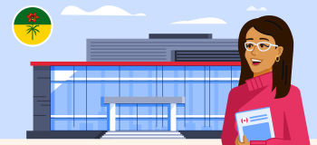 A female student stands in front of a multistorey steel-and-glass building on a university campus. The Saskatchewan crest (a red lily on a field of green and yellow) appears in the upper left corner of the image.