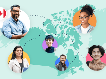 An illustration of the map of Canada with five international students in Canadian programs surrounding it.