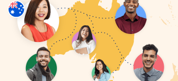 An illustrated map of Australia with students' photos overlaid. There is a small Australian flag in the upper left corner.