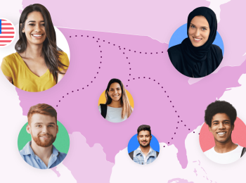 An illustrated map of the United States with photos of international students overlaid.