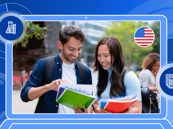 An illustration of a laptop featuring a picture of two students on its screen, next to a round illustration of the US flag, all on a blue background