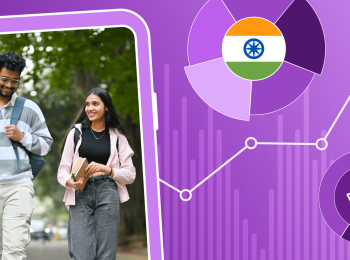 Two Indian international students walk on a path surrounded by green trees. They are framed by an illustrated background featuring the Indian flag and a line chart with points in an upwards trajectory.
