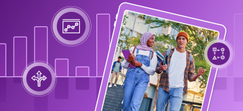 Two international students in 90s style Western clothing (flannel shirts and denim overalls) walk through a sunny campus in late spring. They are framed by illustrated charts and graphs.