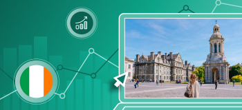 A student stands on the Trinity College Dublin campus in Ireland, framed by a green illustrated background featuring the Irish flag and bar charts.