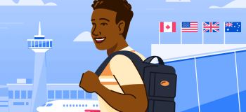 A student with a backpack outside of an airport in Canada.