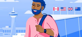 A man holding on to his backpack at a Canadian airport.