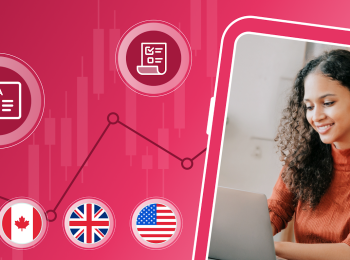A young woman looks at a laptop in an office space. She is framed by a red illustrated background, and four illustrated flag logos: Australia, Canada, the UK, and the US.
