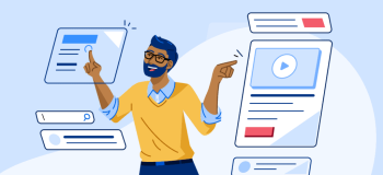 An illustration of a smiling international student using helpful apps on a variety of floating digital screens