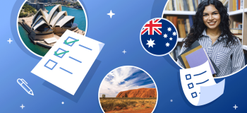 Spot illustrations of Australian landscapes, a female student holding books, checklists, and a flag of Australia.